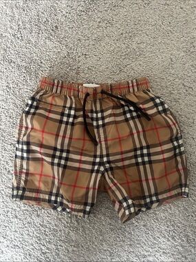 Burberry Kids size 2t Tan Plaid Swim Shorts with Black Drawstring